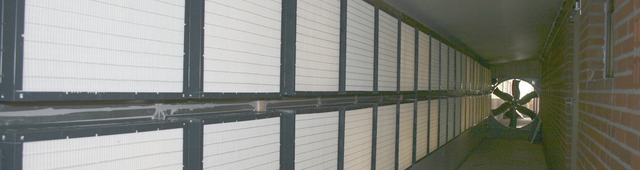 Virus filters attached to excisting pig farm-inside view main filters